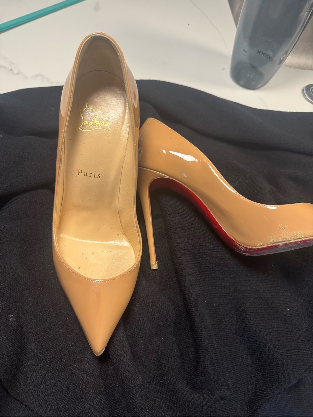 Christian Louboutin Nude Patent Pointed-Toe Stiletto Heels with Red Sole